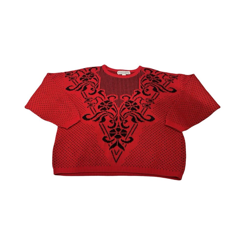Vintage Kate Collins Red Black Floral Intarsia‎ Knit Sweater Made in USA 2XL